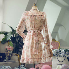 Peach Floral Bow Tie Ruffle Dress With Sleeve