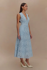 TIERED EYELET LACE MIDI DRESS IN WHITE