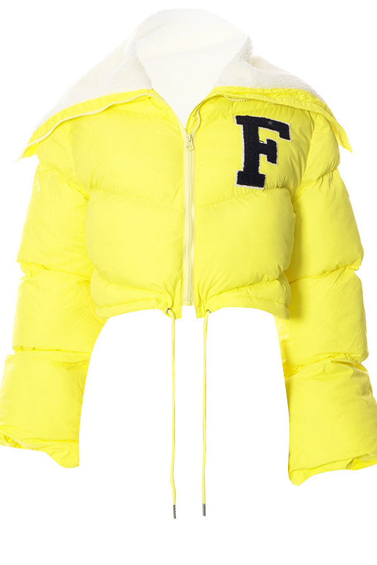 Feminism Cropped Puffer Jacket - Yellow