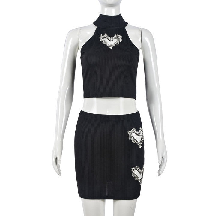 Rhinestone Hollowed-Out Vest And Short Skirt Set