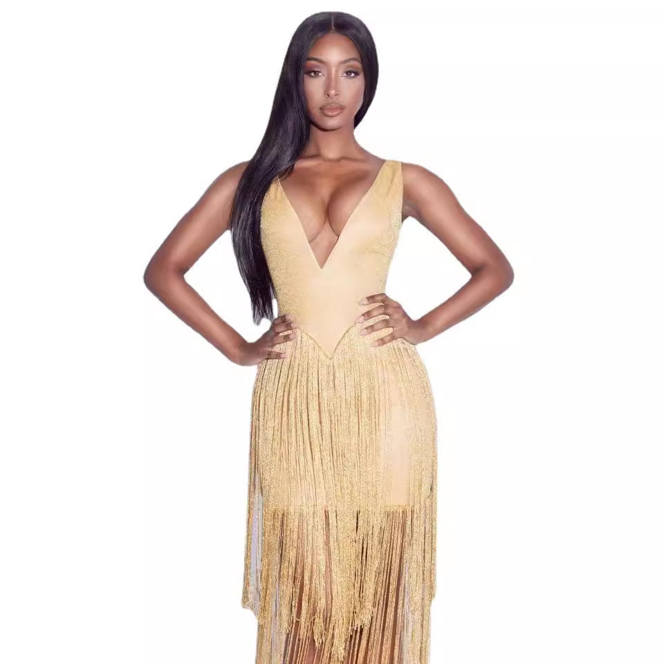 Deep V Tight Fringed Party Dress