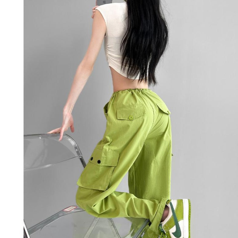Spring Summer Drawstring High Waist Wide Leg Loose Multi-pockets Pant