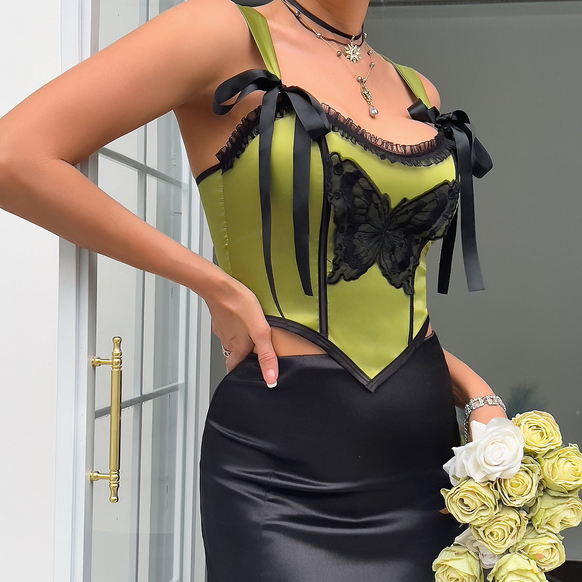 Navel Cropped Top With Embroidered Vest