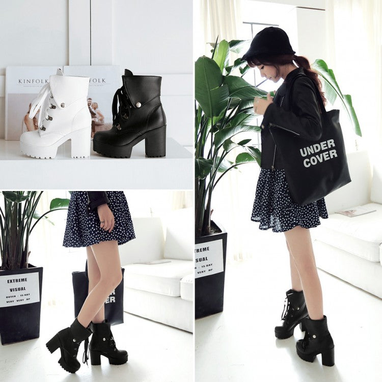 Japanese White Black Platform Lace Up Ankle Boots cosplay