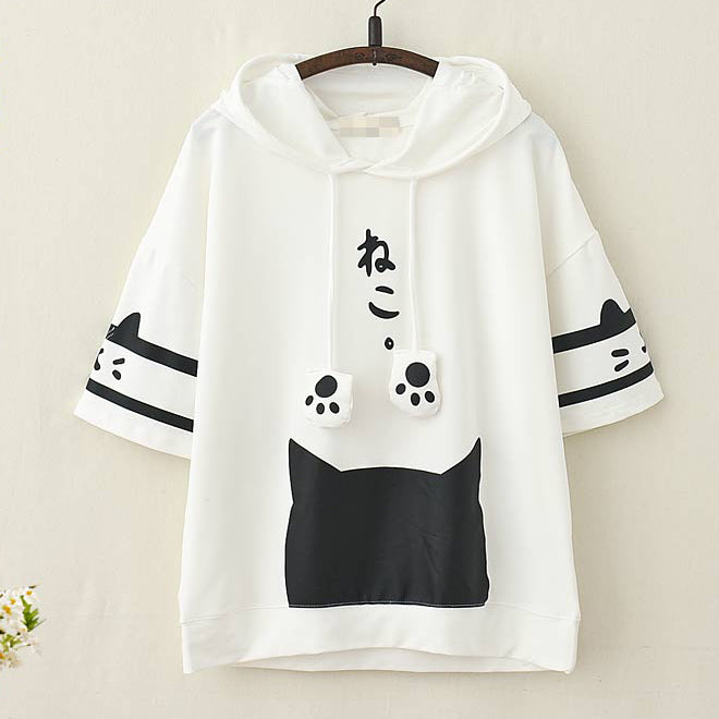 Japanese Kawaii Cat Kitten Print Short Sleeve Hoodie