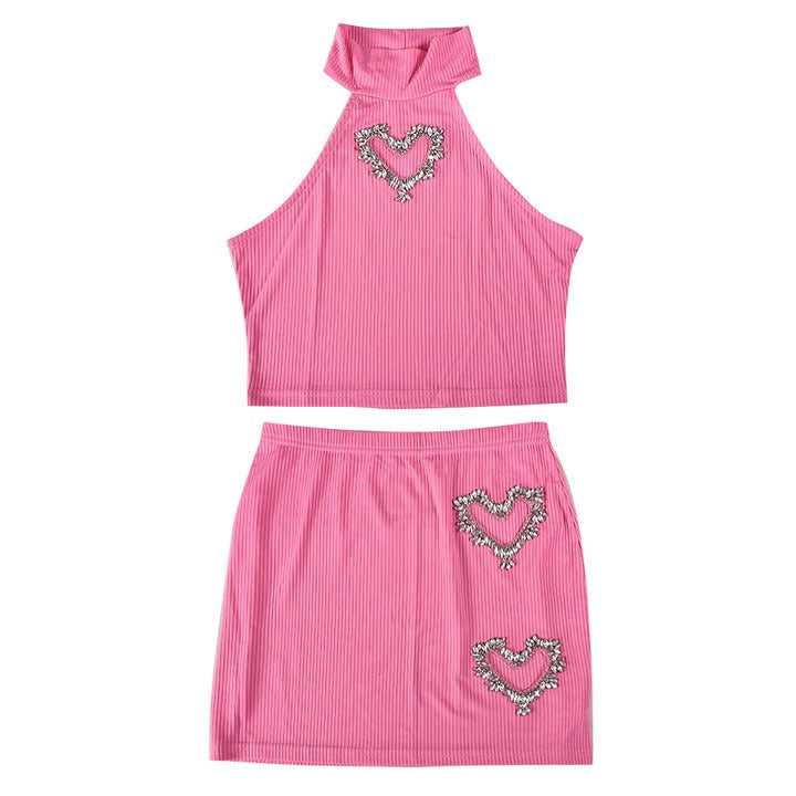 Rhinestone Hollowed-Out Vest And Short Skirt Set