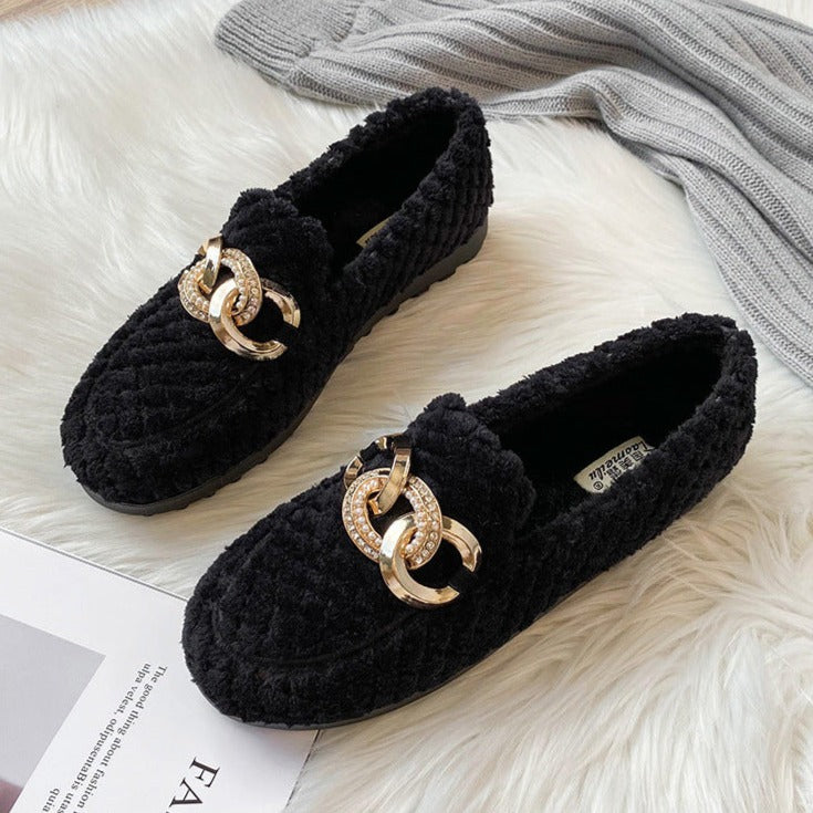 Metal Chain Winter Warm & Comfortable Plush Fur Loafers Shoes