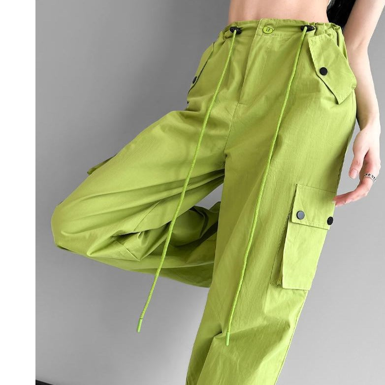 Spring Summer Drawstring High Waist Wide Leg Loose Multi-pockets Pant