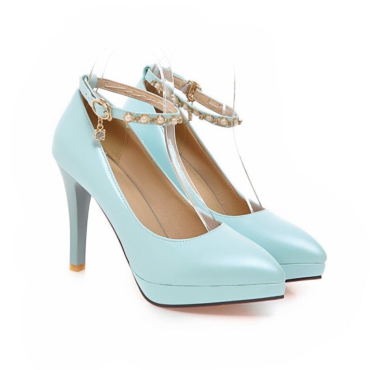 Pearl Ankle Straps Pumps High Heels Dress Shoes