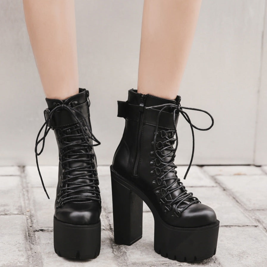 Goth Lace Up Boots Platform Chunky High Heel Ankle Boots With Buckle