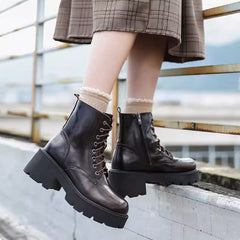 Combat Boots Platform Leather Chunky Heel Zipper Boots