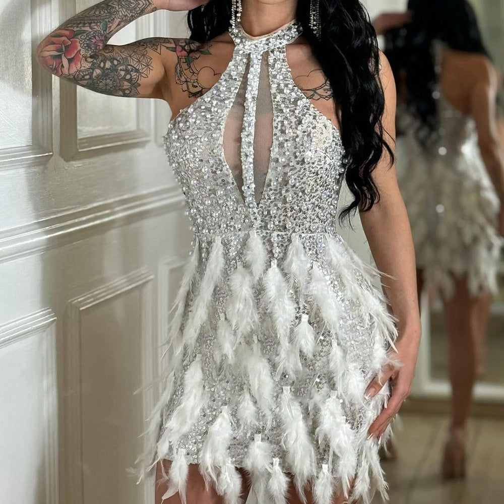 Sequined Hip-Hugging Mini Evening Dress