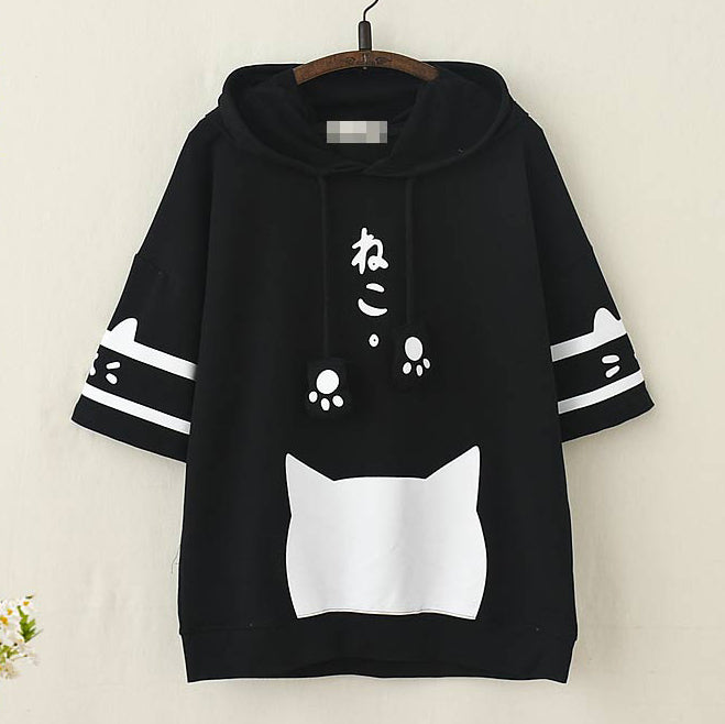 Japanese Kawaii Cat Kitten Print Short Sleeve Hoodie