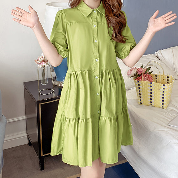 Cute Fashion Puff Sleeve Tiered Shirt Dress