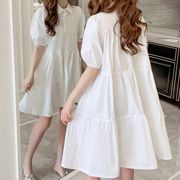 Cute Fashion Puff Sleeve Tiered Shirt Dress