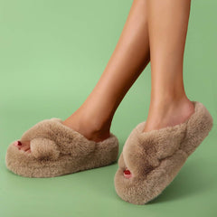Cross Band Soft Plush House Indoor Outdoor Bottom Slippers