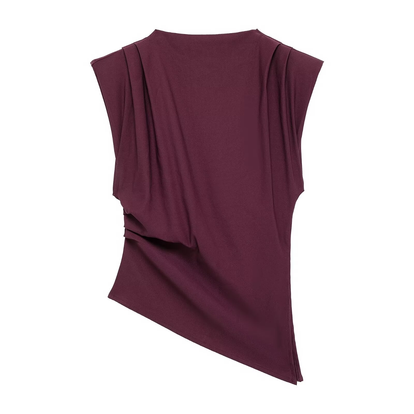 Asymmetrical Pleated Round-Neck Fitted Top