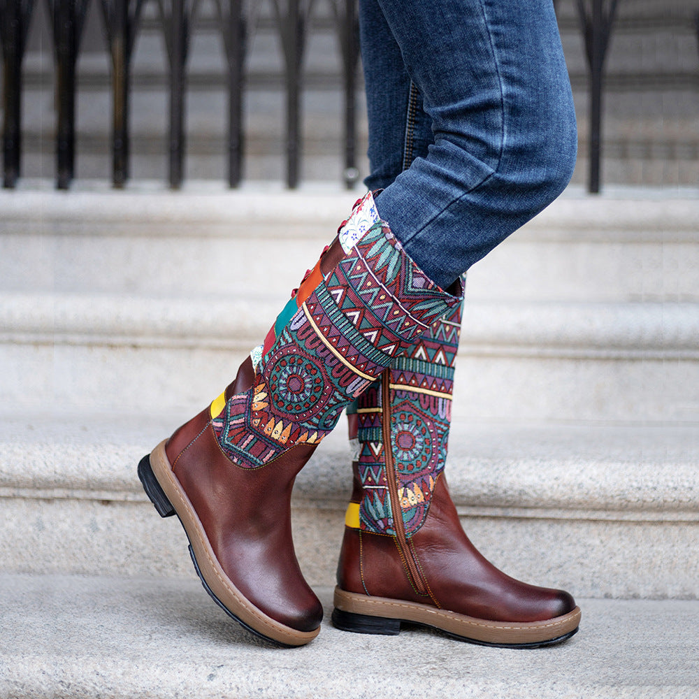 Vintage Mid-calf Boots Shoes Embroidered Boho Leather Boots