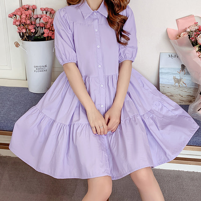 Cute Fashion Puff Sleeve Tiered Shirt Dress