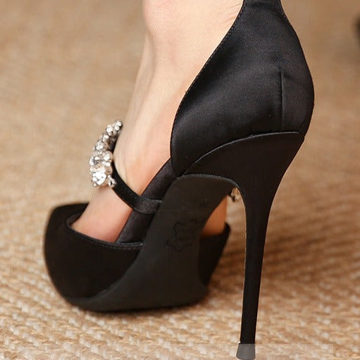 Pointed Toe Sparkly Stiletto Heels Rhinestone Ankle Strap Pumps