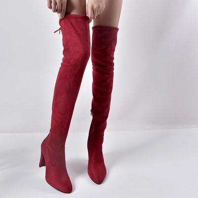 Elastic Zipper Pointed Toe Chunky Suede Over The Knee Boots