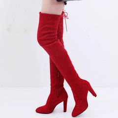 Elastic Zipper Pointed Toe Chunky Suede Over The Knee Boots