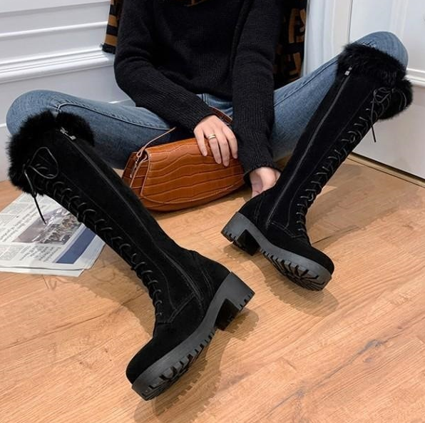 Knee High Faux Fur Winter Lace Up Boots