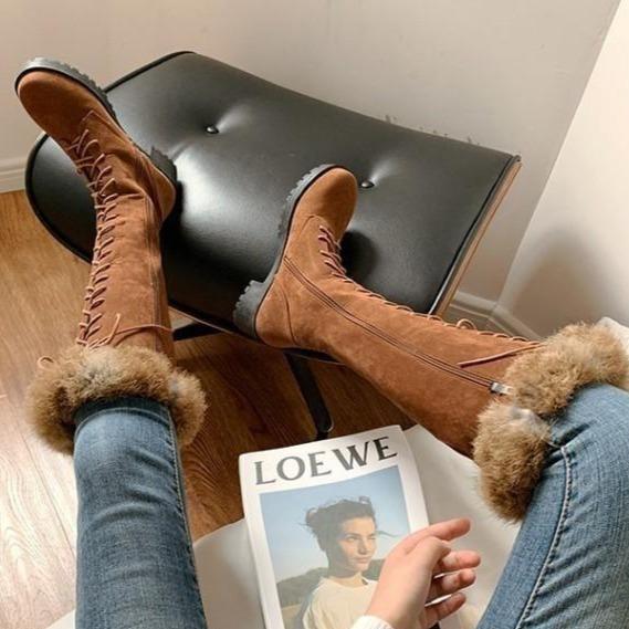 Knee High Faux Fur Winter Lace Up Boots