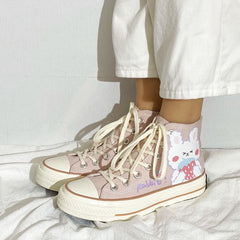 Cute Pink Rabbit Print High Top Canvas Sneakers