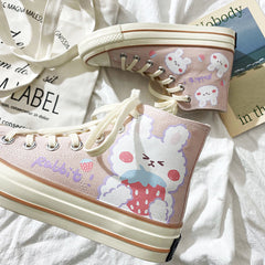 Cute Pink Rabbit Print High Top Canvas Sneakers