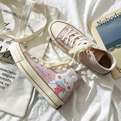 Cute Pink Rabbit Print High Top Canvas Sneakers