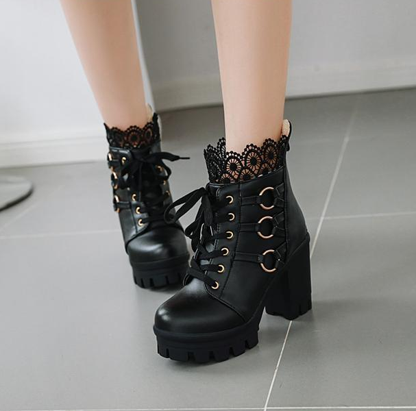 Women's Platform Thick High Heel Lace Up Ankle Boots