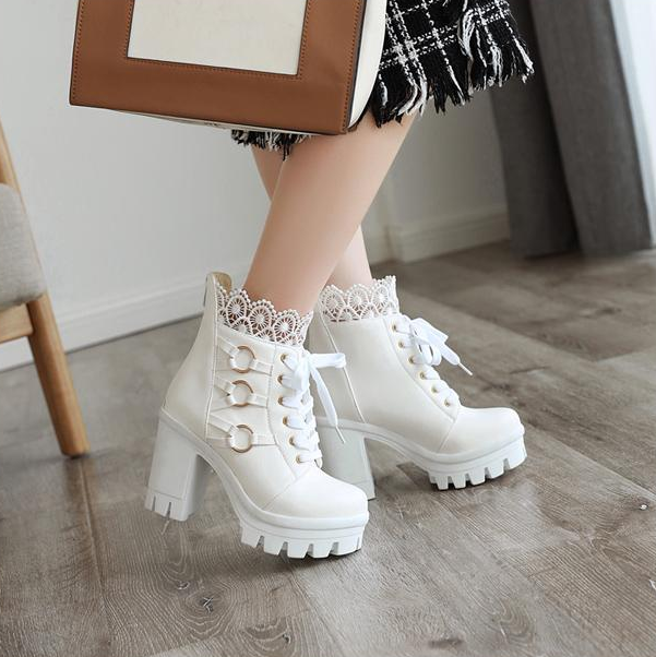 Women's Platform Thick High Heel Lace Up Ankle Boots