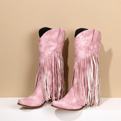 Women's Fringe Boots Western Cowboy Mid Length Boots