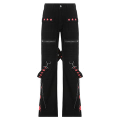 Punk Y2k Grunge Black and Pink Low Waist Denim Pants