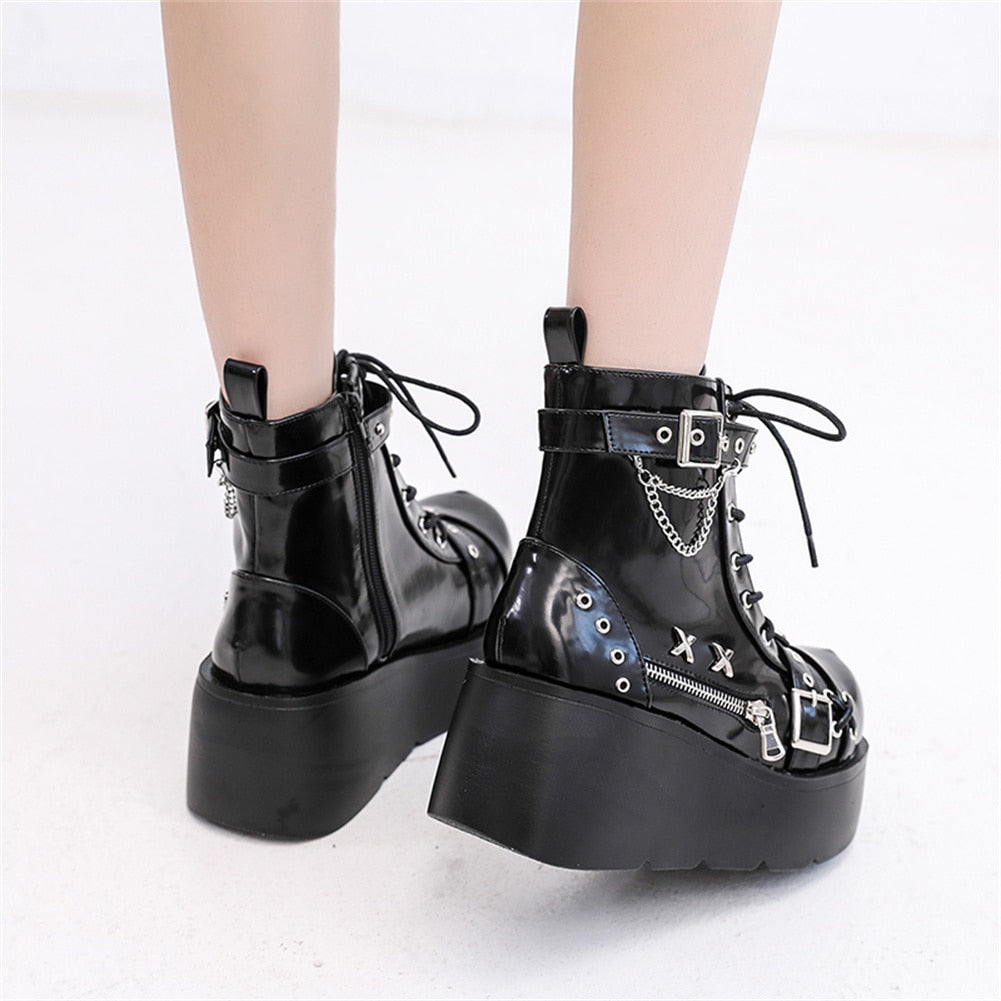 Goth Platform Ankle Boots Buckle Zip Rivet Punk Wedges High Heels Boots Shoes