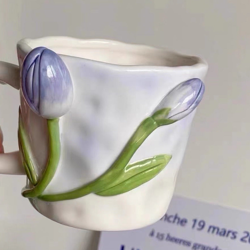 Elegant Handmade 3D Embossed Hand Painted Floral Mugs Gift