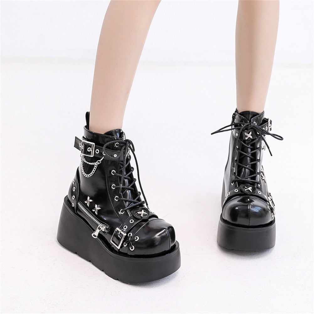 Goth Platform Ankle Boots Buckle Zip Rivet Punk Wedges High Heels Boots Shoes