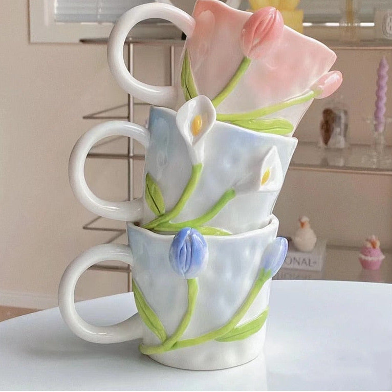 Elegant Handmade 3D Embossed Hand Painted Floral Mugs Gift