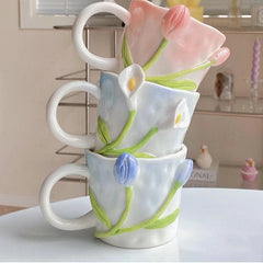 Elegant Handmade 3D Embossed Hand Painted Floral Mugs Gift