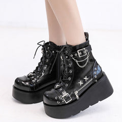 Goth Platform Ankle Boots Buckle Zip Rivet Punk Wedges High Heels Boots Shoes