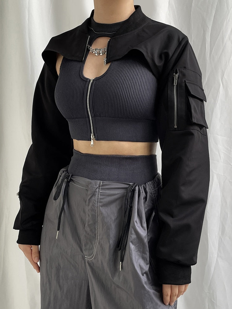 Women's Zipper Front Black Alternative Cropped Jacket