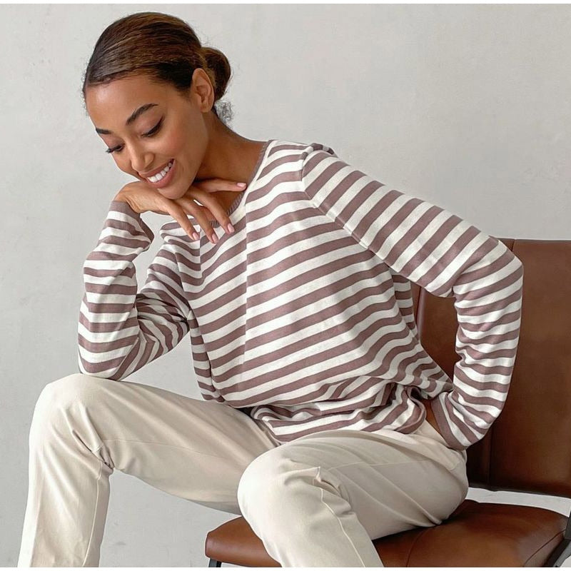 Women's Long Sleeve Crew Neck Striped Loose Sweater
