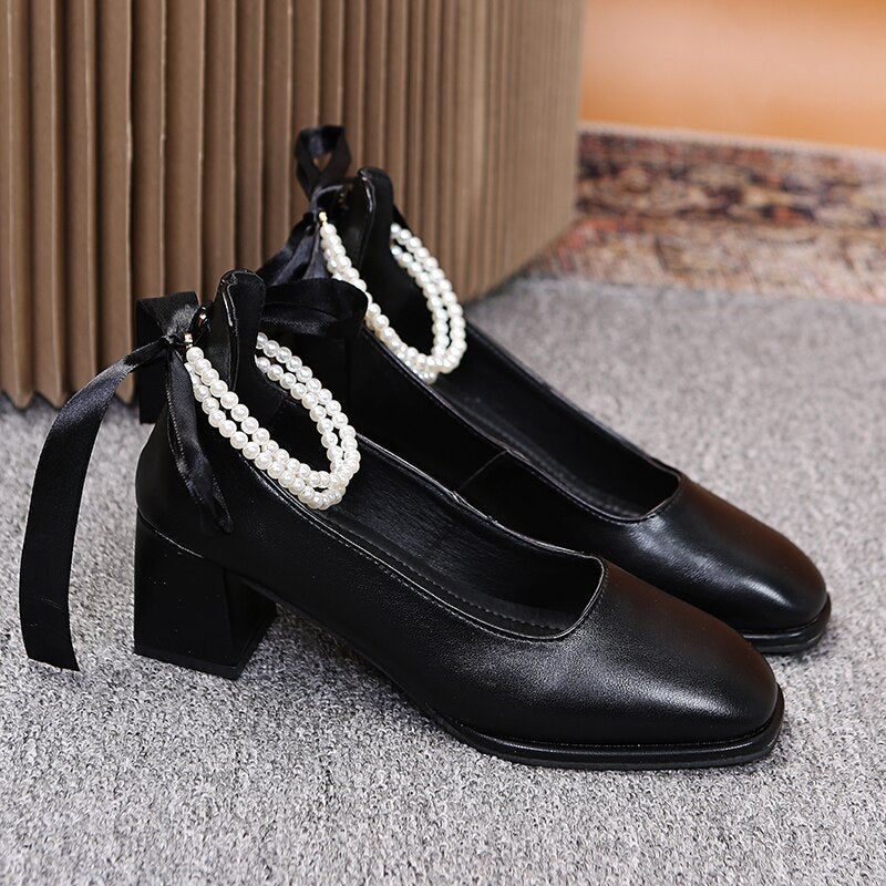 Wedding Shoes for Bride Elegant Pearl Square Toe Mary Jane Shoes