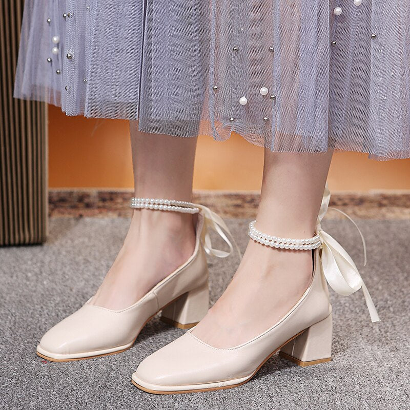 Wedding Shoes for Bride Elegant Pearl Square Toe Mary Jane Shoes