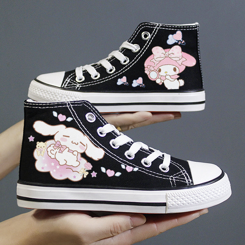 Black Kawaii Dog Print Student High Top Canvas Kids Size