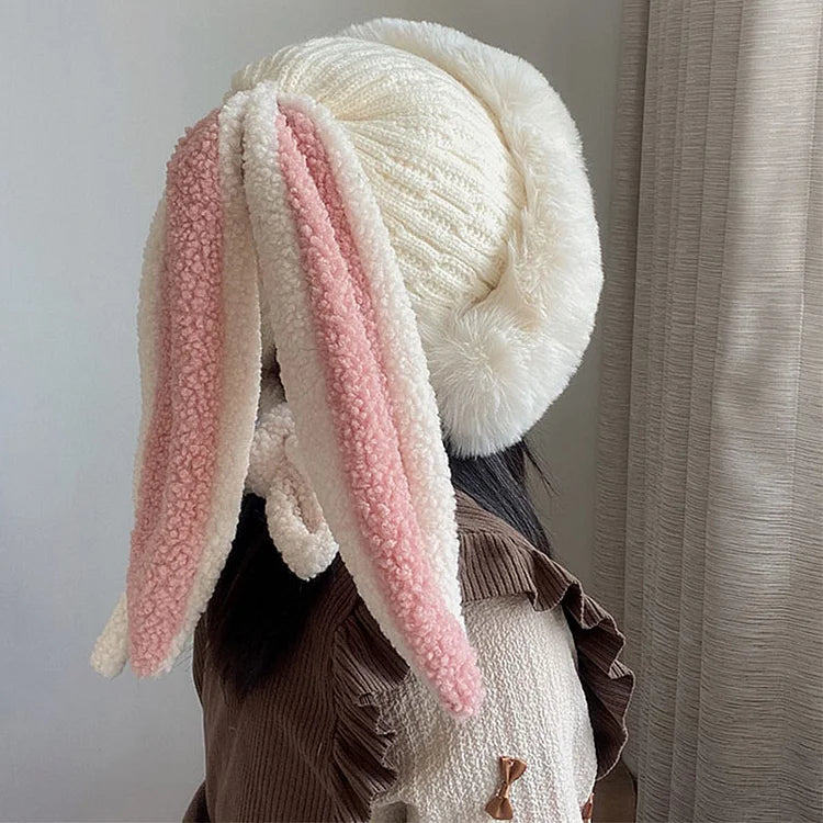 Winter Plush Knitted Beanie Hat Rabbit Ear Hats for Girls