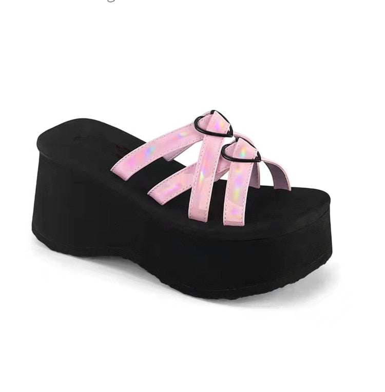 Women's Platform Wedge Slip On Sandals Gothic Cross Band Summer Slippers