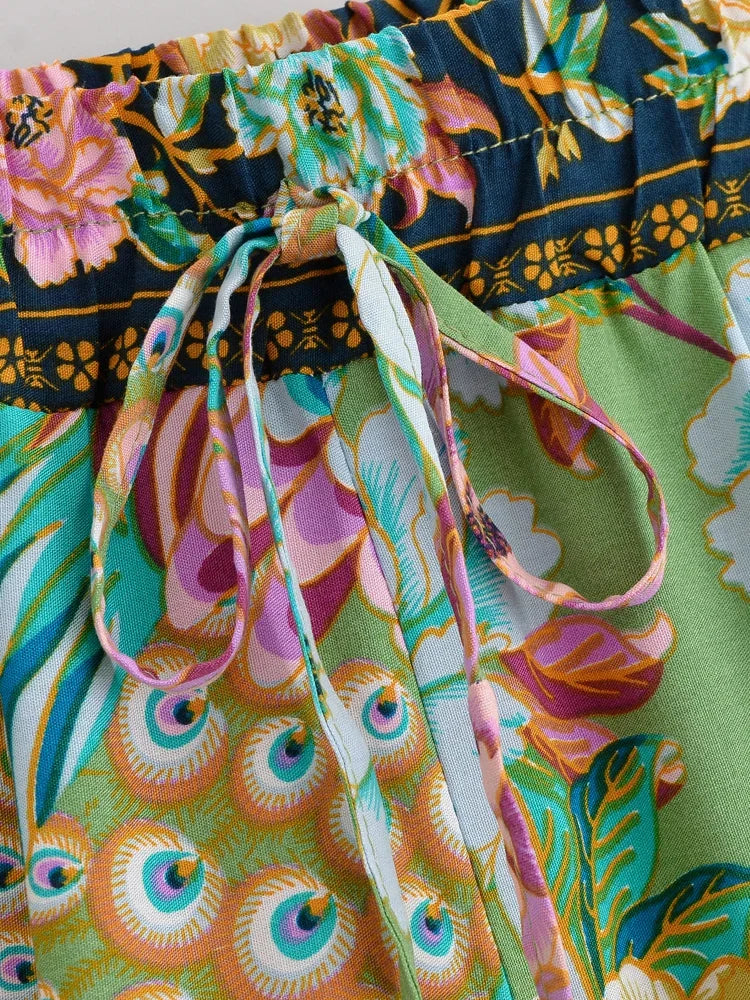 Cyra Boho High-Waist Shorts â€?Emerald Plume