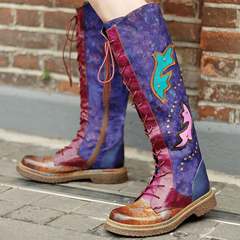 Purple & Burgundy Patchwork Lace-Up Leather Cowboy Boot